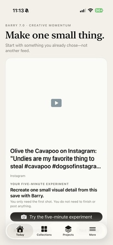 Barry's Today screen on a phone, showing a saved Instagram post whose video preview will not render — a blank card with only a play icon.