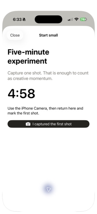 Barry's five-minute experiment screen: a countdown at 4:58 and a single button reading I captured the first shot.